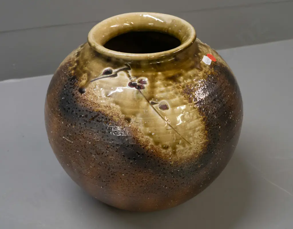 Japanese wood-fired trickle glaze studio pottery branch pot with incised blossom motifs - see photos for marks H-250 Image 1++
