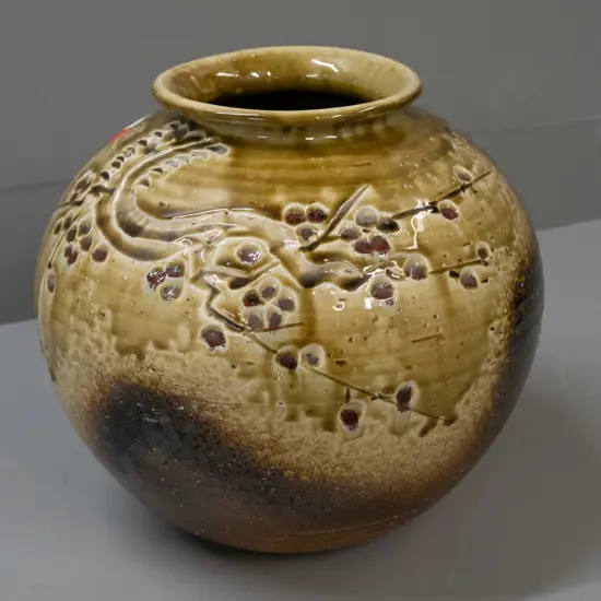 Japanese wood-fired trickle glaze studio pottery branch pot with incised blossom motifs - see photos for marks H-250