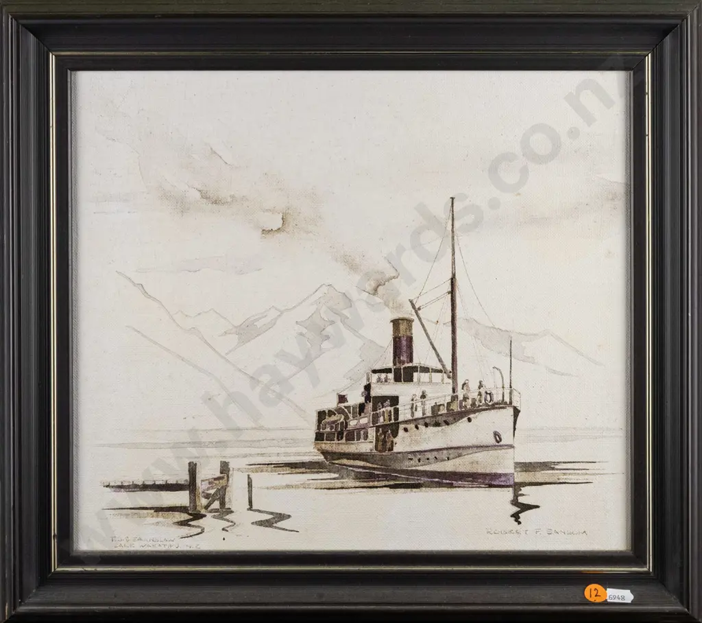 Robert F Sansom -- framed ink & wash on canvasboard "TSS Earnslaw" H-295 W-345 Image 1++