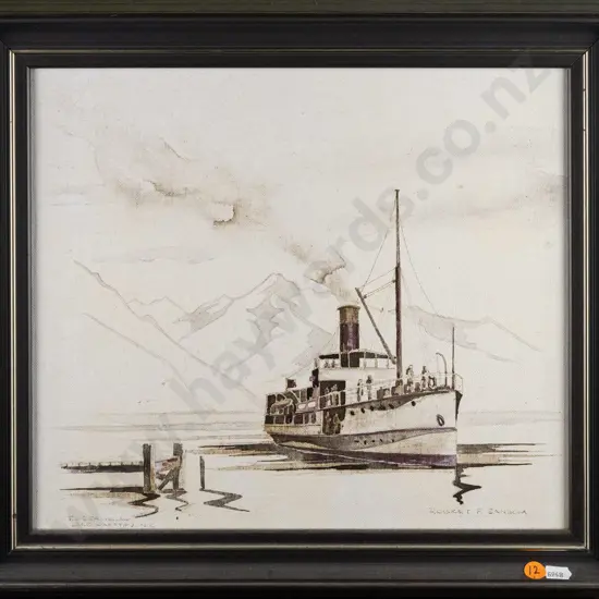 Robert F Sansom -- framed ink & wash on canvasboard "TSS Earnslaw" H-295 W-345