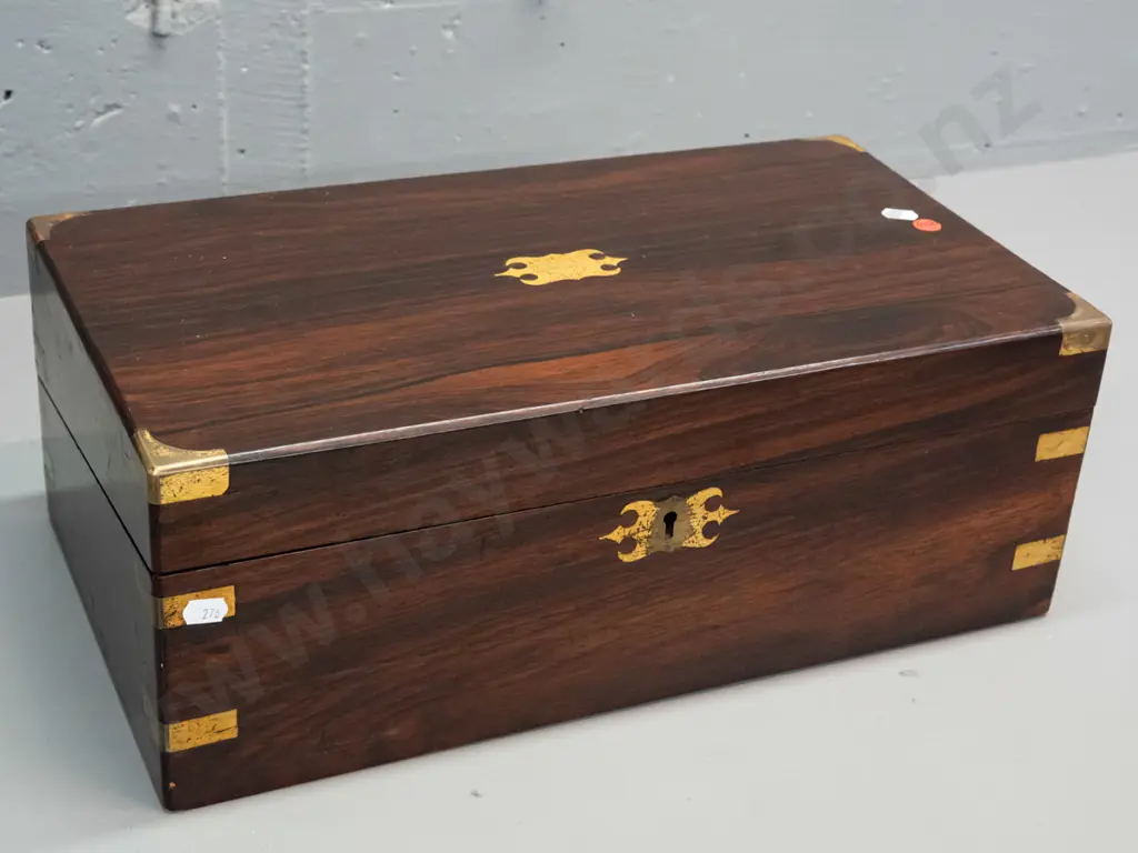 Victorian brass bound rosewood lap desk / writing box with gold-tooled buckram writing surface, one inkwell, blank brass Image 1++
