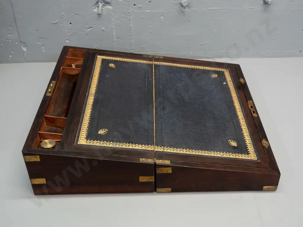 Victorian brass bound rosewood lap desk / writing box with gold-tooled buckram writing surface, one inkwell, blank brass Image 1++
