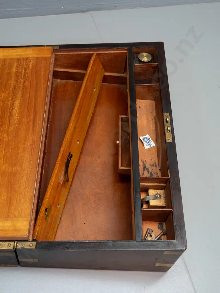 Victorian brass bound rosewood lap desk / writing box with gold-tooled buckram writing surface, one inkwell, blank brass Image 1++