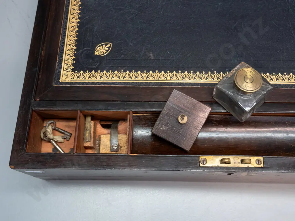 Victorian brass bound rosewood lap desk / writing box with gold-tooled buckram writing surface, one inkwell, blank brass Image 1++