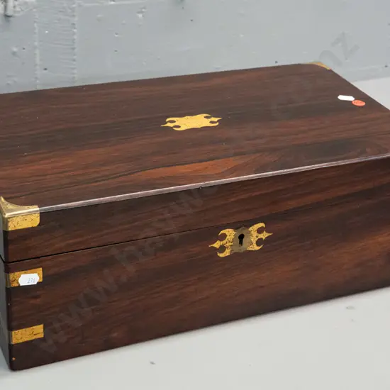 Victorian brass bound rosewood lap desk / writing box with gold-tooled buckram writing surface, one inkwell, blank brass