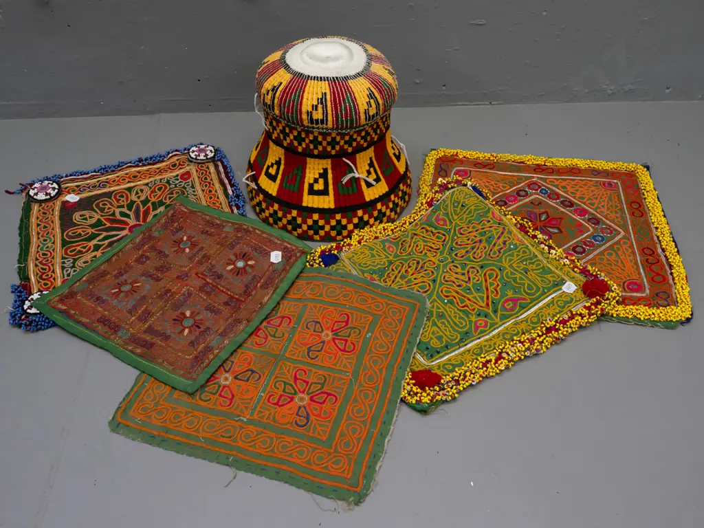 colourful woven fabric wedding hat from Aceh Indonesia and 5 small Afghani embroidery pieces with glass beads, mirror, Image 1++