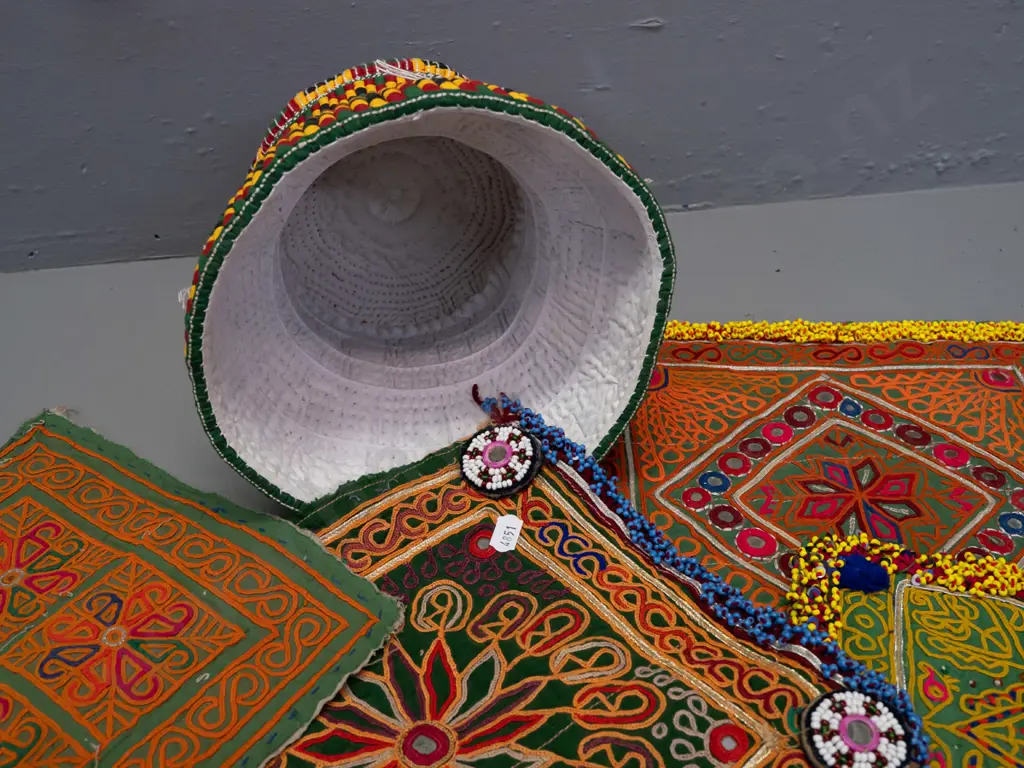 colourful woven fabric wedding hat from Aceh Indonesia and 5 small Afghani embroidery pieces with glass beads, mirror, Image 1++