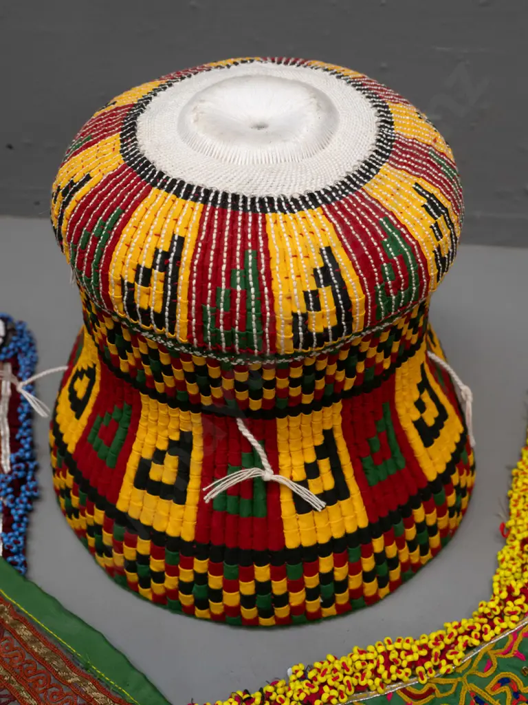 colourful woven fabric wedding hat from Aceh Indonesia and 5 small Afghani embroidery pieces with glass beads, mirror, Image 1++