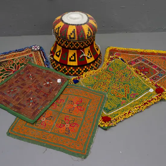 colourful woven fabric wedding hat from Aceh Indonesia and 5 small Afghani embroidery pieces with glass beads, mirror,