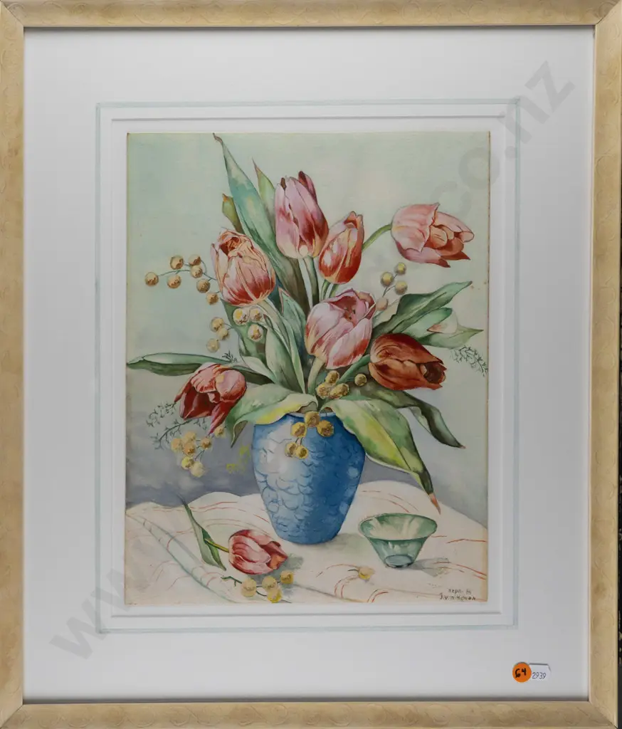 Illegible signature, framed watercolour, tulips in vase, H-345 W-265 Image 1++