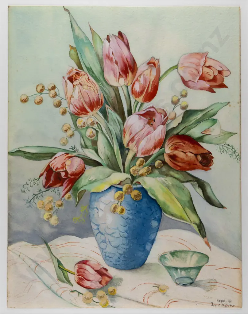 Illegible signature, framed watercolour, tulips in vase, H-345 W-265 Image 1++
