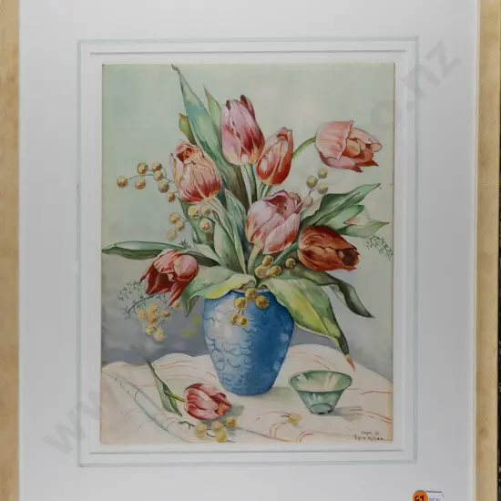 Illegible signature, framed watercolour, tulips in vase, H-345 W-265