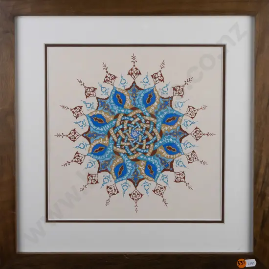 unknown Islamic artist, framed gouache & metallic paint on paper, Shamsa, H-260 W-260