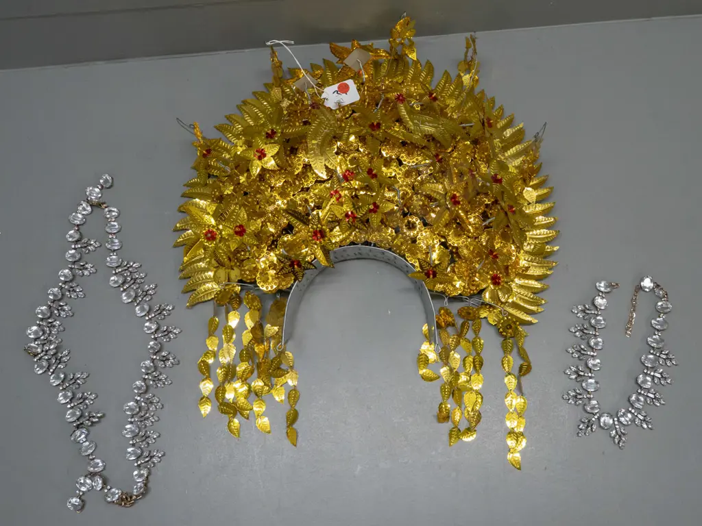 large ornate wedding head-dress from Minang, Sumatra - metal frame, gold foil ornaments with red petals, Image 1++