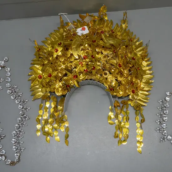 large ornate wedding head-dress from Minang, Sumatra - metal frame, gold foil ornaments with red petals,