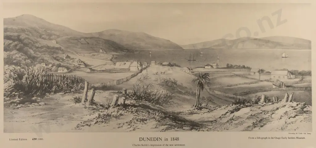 framed Charles Kettle print - Dunedin in 1848 H190 W440 Image 1++