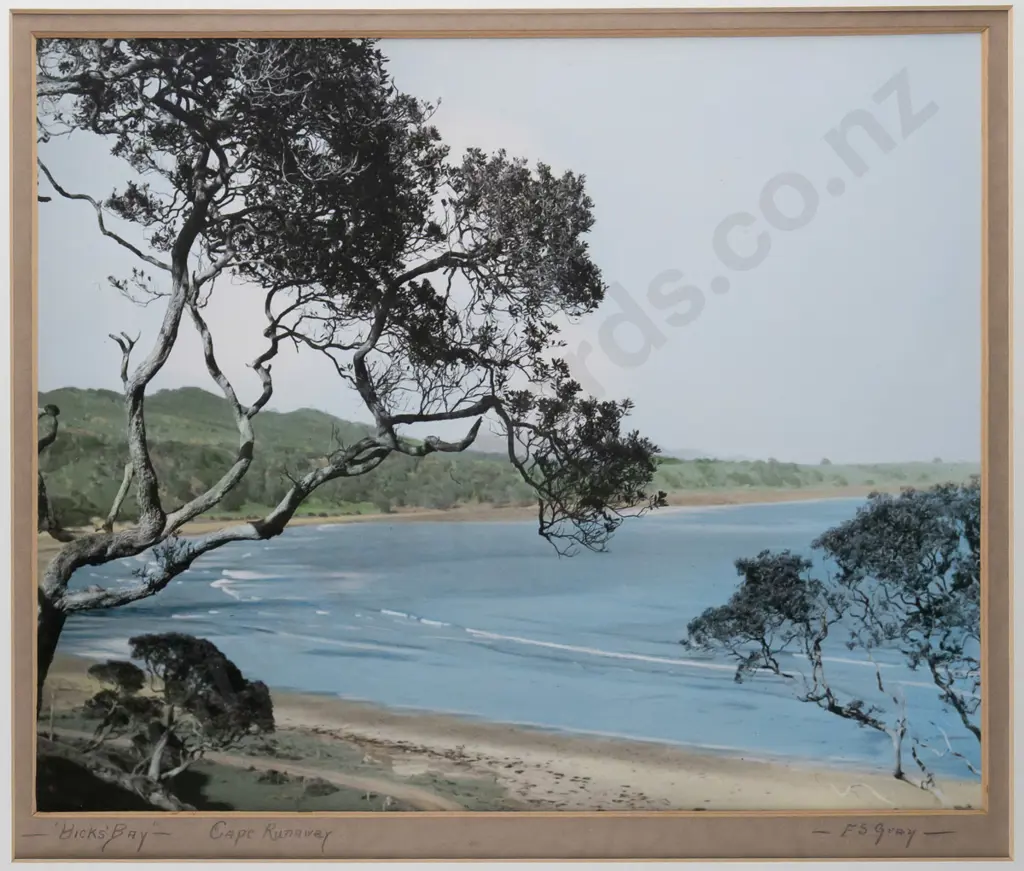 framed FS Gray vintage hand coloured photograph "Hick's Bay - Cape Runaway" H230 W280 Image 1++