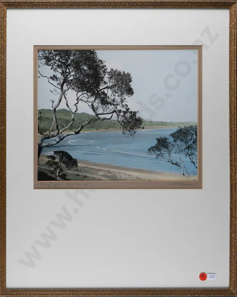 framed FS Gray vintage hand coloured photograph "Hick's Bay - Cape Runaway" H230 W280 Image 1++