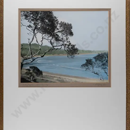 framed FS Gray vintage hand coloured photograph "Hick's Bay - Cape Runaway" H230 W280