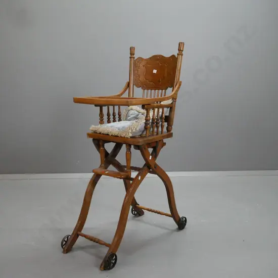 vintage oak and elm collapsible child's high chair with press-carved back, lift up tray, foot rest, woven