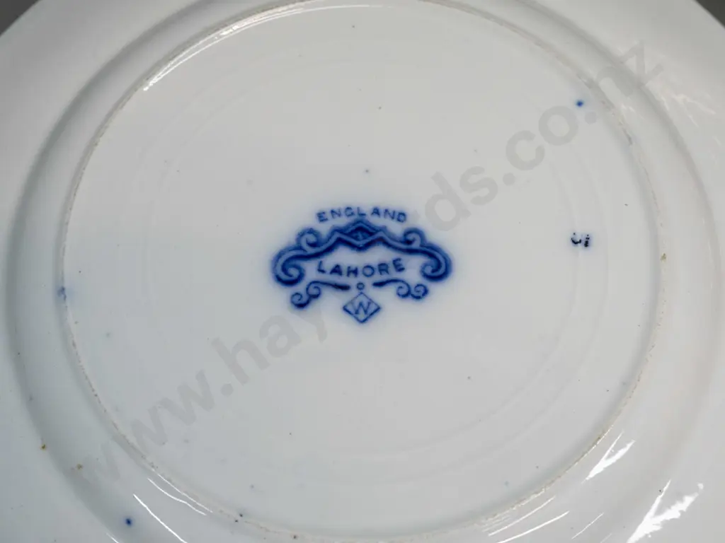 2 display plates - Japanese Imari charger w/ wall hanger D-310 and blue and white gilt rim, marked England / Lahore Image 1++