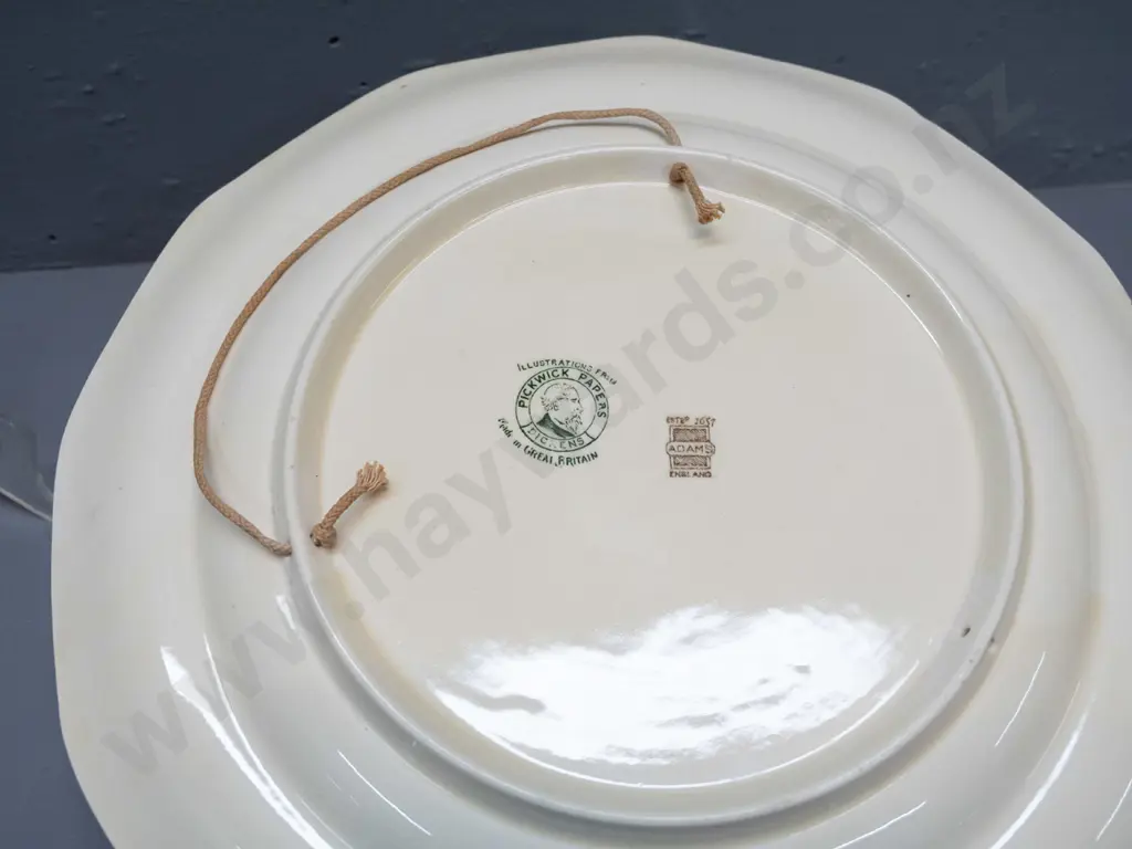 large Adams Pickwick Papers plate D-320, Royal Doulton prunus plate, Woods bowl and a small Tunstall Autumn vase Image 1++