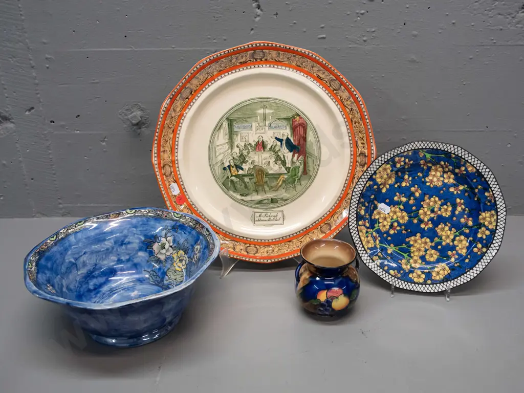 large Adams Pickwick Papers plate D-320, Royal Doulton prunus plate, Woods bowl and a small Tunstall Autumn vase Image 1++