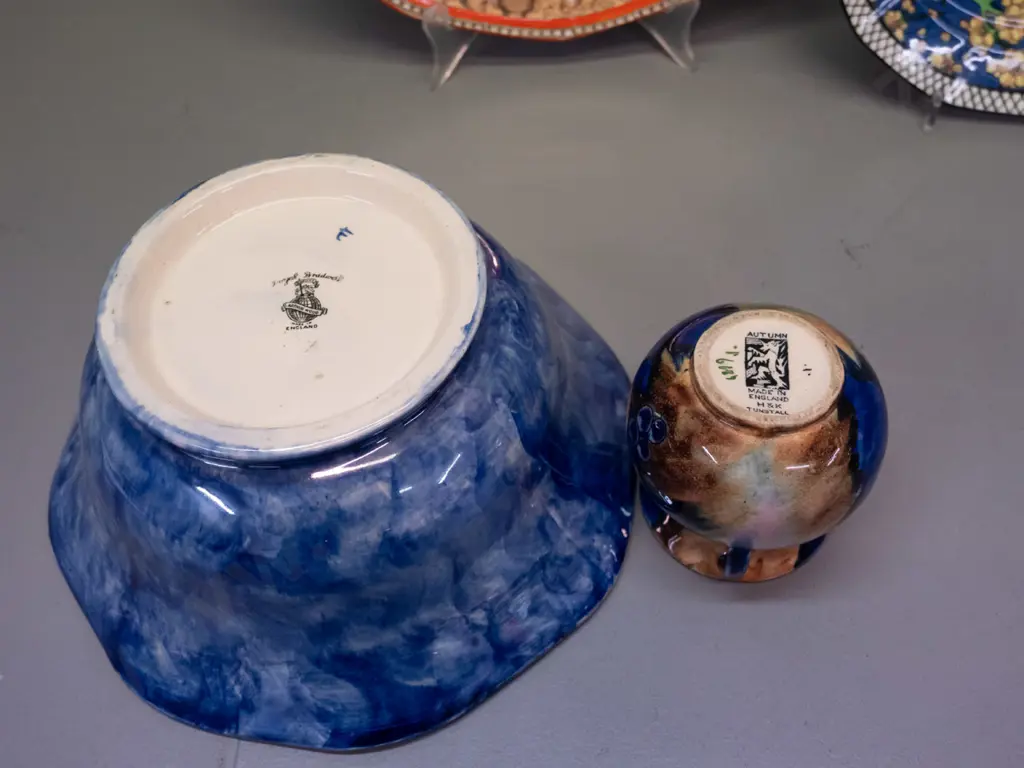 large Adams Pickwick Papers plate D-320, Royal Doulton prunus plate, Woods bowl and a small Tunstall Autumn vase Image 1++