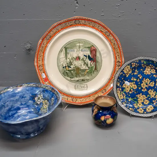 large Adams Pickwick Papers plate D-320, Royal Doulton prunus plate, Woods bowl and a small Tunstall Autumn vase