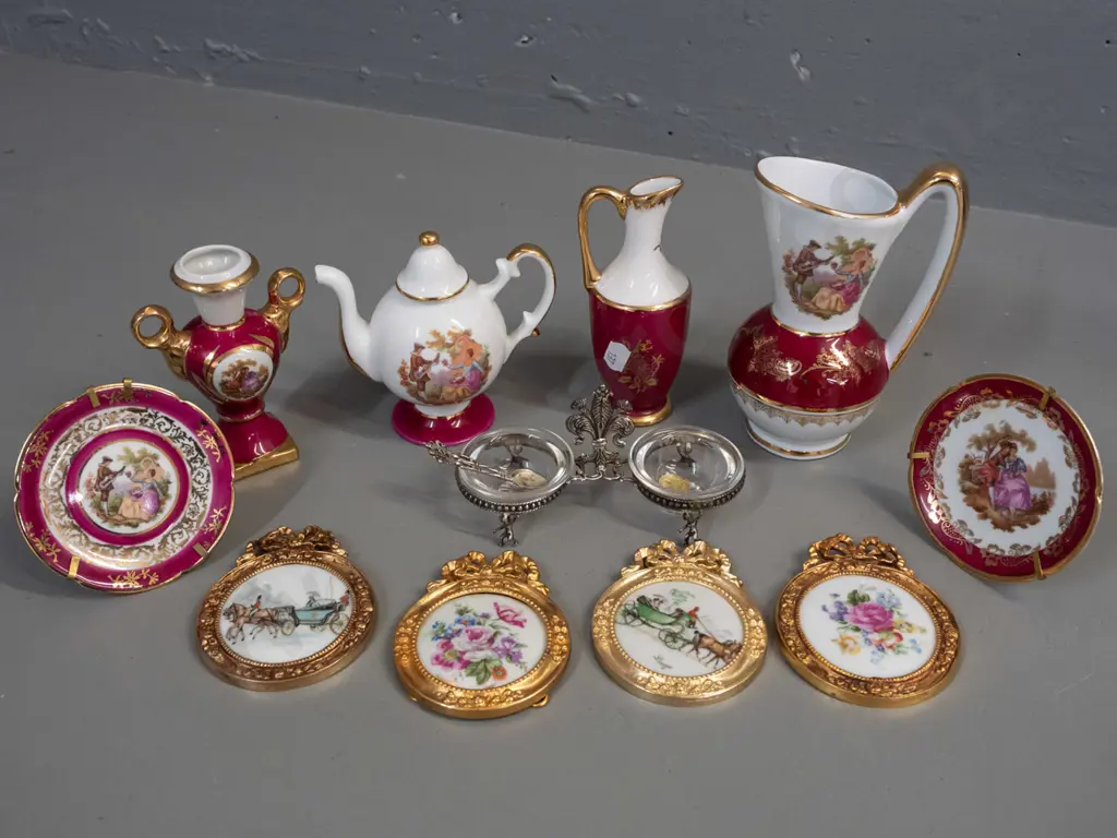 assorted Limoges china - miniature teapot,  jugs, plates and 4 plaques - cast metal frames marked made in New Zealand, Image 1++
