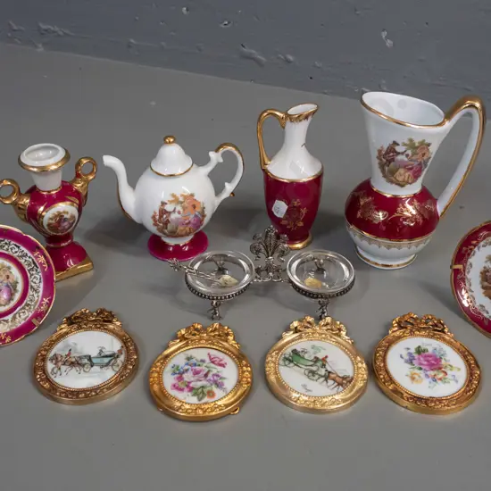assorted Limoges china - miniature teapot,  jugs, plates and 4 plaques - cast metal frames marked made in New Zealand,