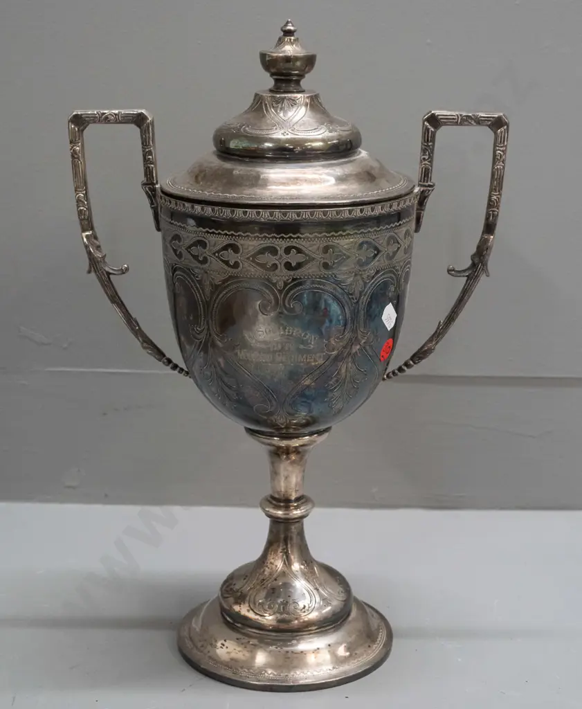 large silver plated handled trophy engraved with D Squadron - 12th Mounted Regiment on one side and names with Image 1++
