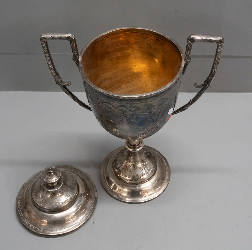 large silver plated handled trophy engraved with D Squadron - 12th Mounted Regiment on one side and names with Image 1++