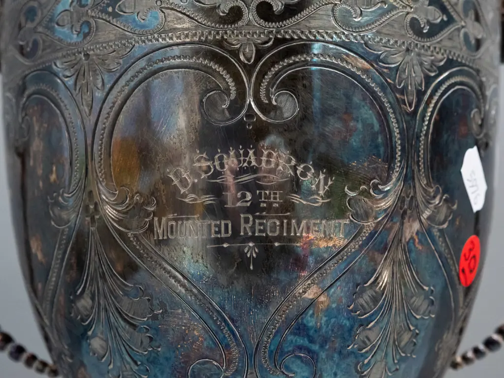large silver plated handled trophy engraved with D Squadron - 12th Mounted Regiment on one side and names with Image 1++