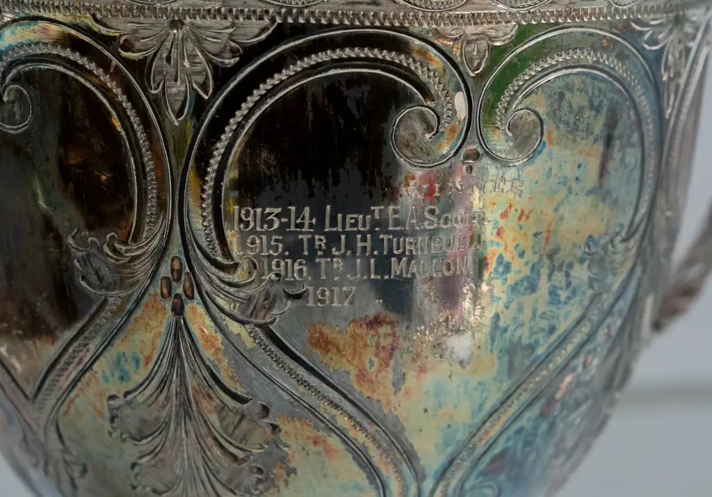 large silver plated handled trophy engraved with D Squadron - 12th Mounted Regiment on one side and names with Image 1++