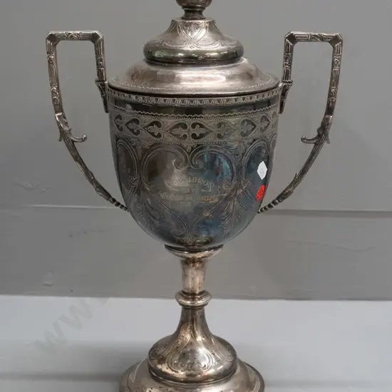 large silver plated handled trophy engraved with D Squadron - 12th Mounted Regiment on one side and names with