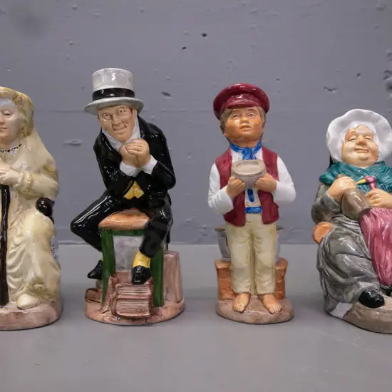 4x Woods & Sons Charles Dickens Toby Jugs: Miss Havisham, Uriah Heep, Mrs Gamp, Oliver Twist H-150