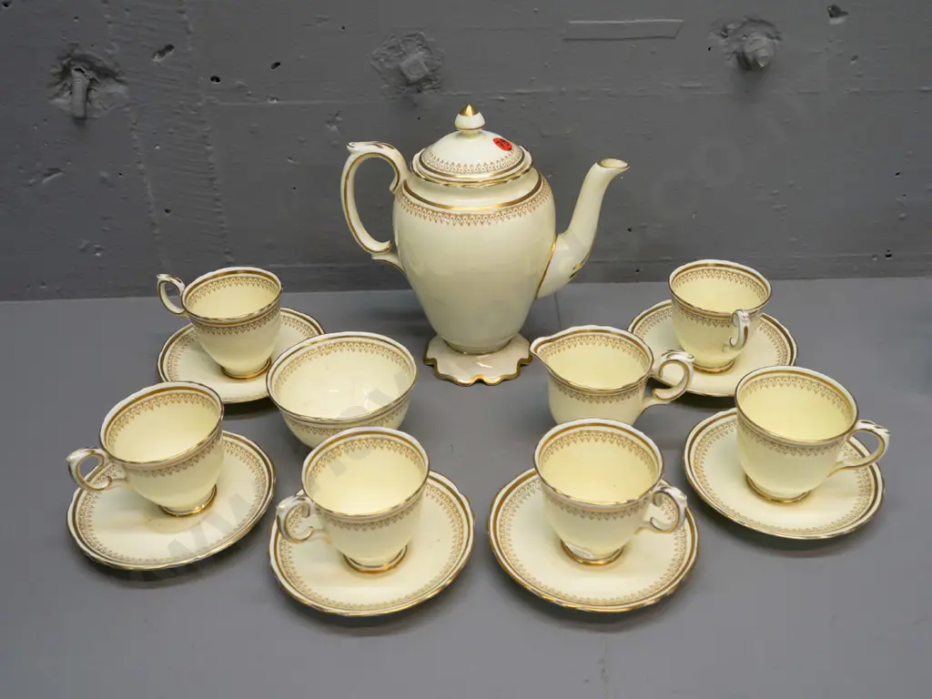 vintage Crown Staffordshire 15-piece coffee set - crack to one cup, one cup is non-matching shape - pot H-210 Image 1++