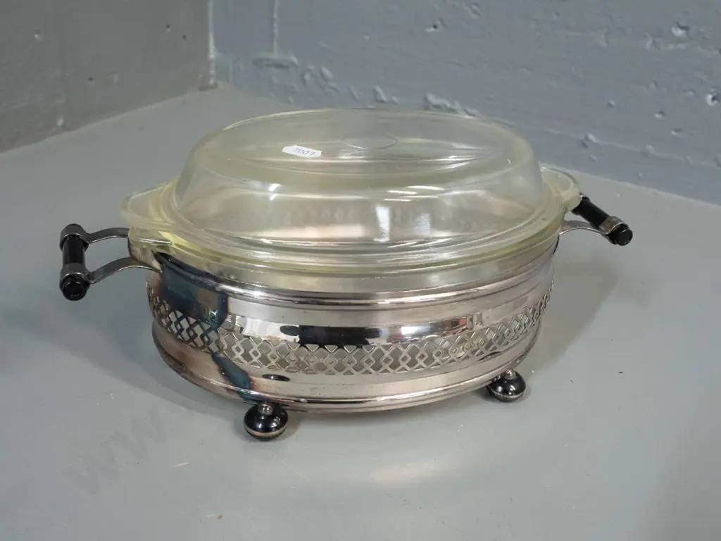 silver plated table ware - teapot on stand, cream & sugar and pyrex dish in plated holder, all with black bakelite or Image 1++