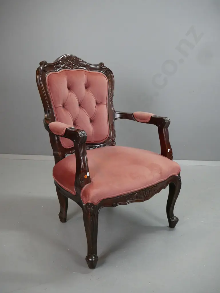 mahogany reproduction Victorian style open arm chair, carved back, fluted arms on cabriole Image 1++
