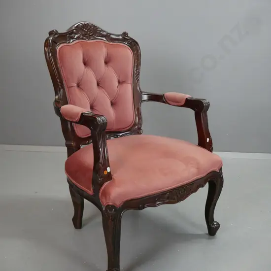 mahogany reproduction Victorian style open arm chair, carved back, fluted arms on cabriole