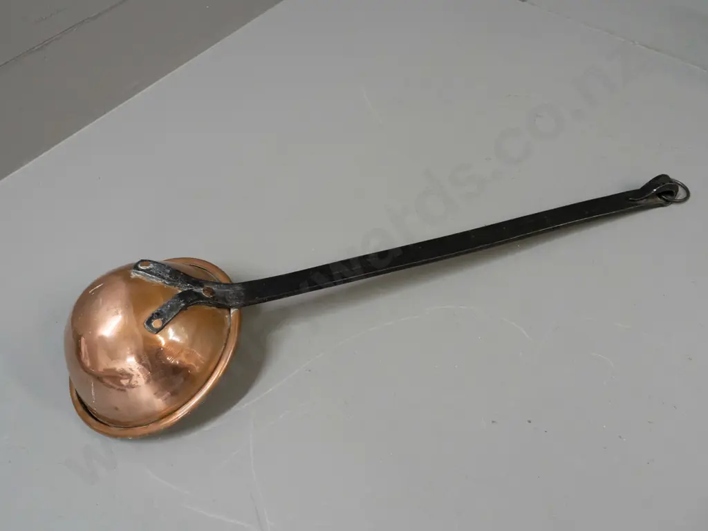 large ladle with copper bowl and wrought iron handle with hanging ring L-500 D-145 across bowl Image 1++