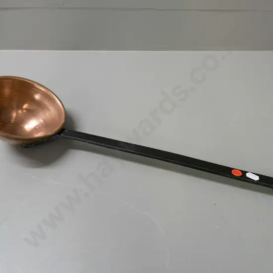 large ladle with copper bowl and wrought iron handle with hanging ring L-500 D-145 across bowl