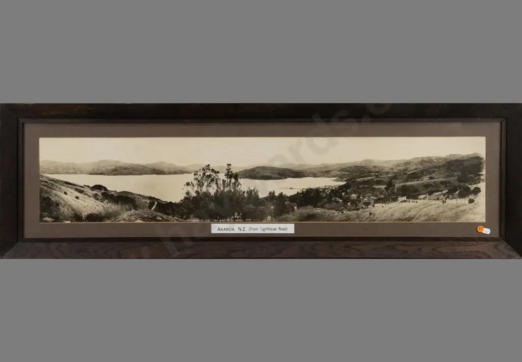 Robert Percy Moore c1920s -- framed panoramic photograph "Akaroa NZ From Lighthouse Road No. 4" H-180 W-935 [some Image 1++