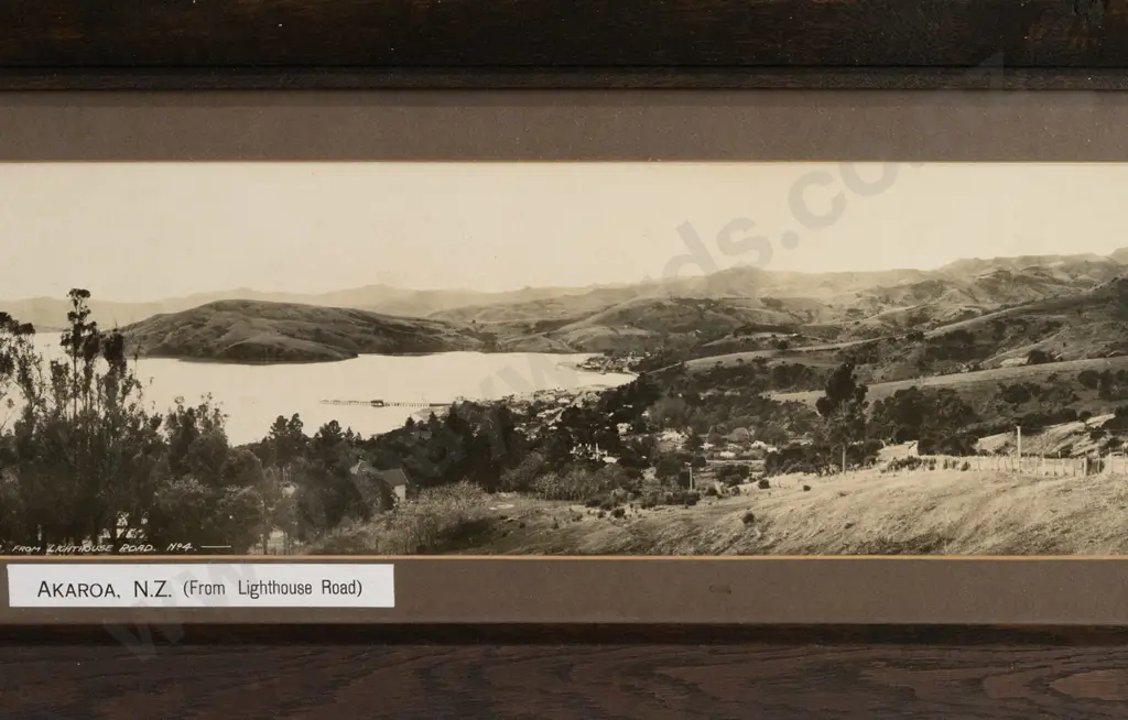 Robert Percy Moore c1920s -- framed panoramic photograph "Akaroa NZ From Lighthouse Road No. 4" H-180 W-935 [some Image 1++