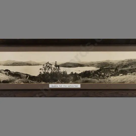 Robert Percy Moore c1920s -- framed panoramic photograph "Akaroa NZ From Lighthouse Road No. 4" H-180 W-935 [some