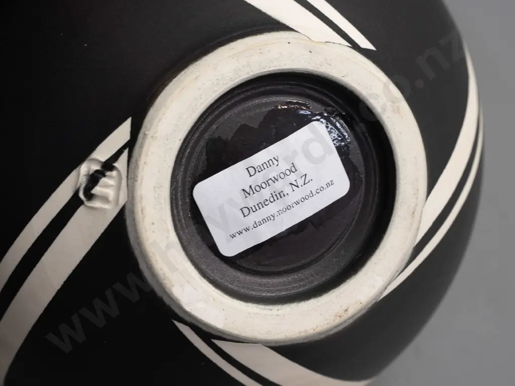 Danny Moorwood studio pottery vase - bulbous bottle shape with diagonal stripes - stamped mark and label H-230 D-170 Image 1++