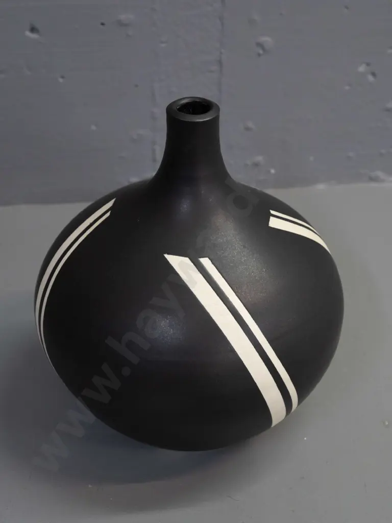 Danny Moorwood studio pottery vase - bulbous bottle shape with diagonal stripes - stamped mark and label H-230 D-170 Image 1++