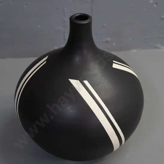Danny Moorwood studio pottery vase - bulbous bottle shape with diagonal stripes - stamped mark and label H-230 D-170