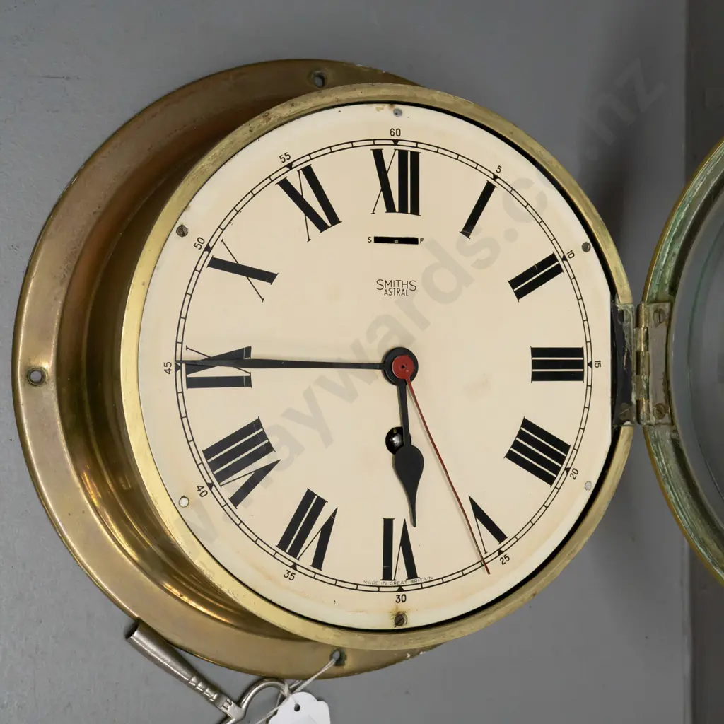 Smiths Astral brass-cased ship's clock with key, bevelled edge glass - some discolouration to brass D-260 Image 1++